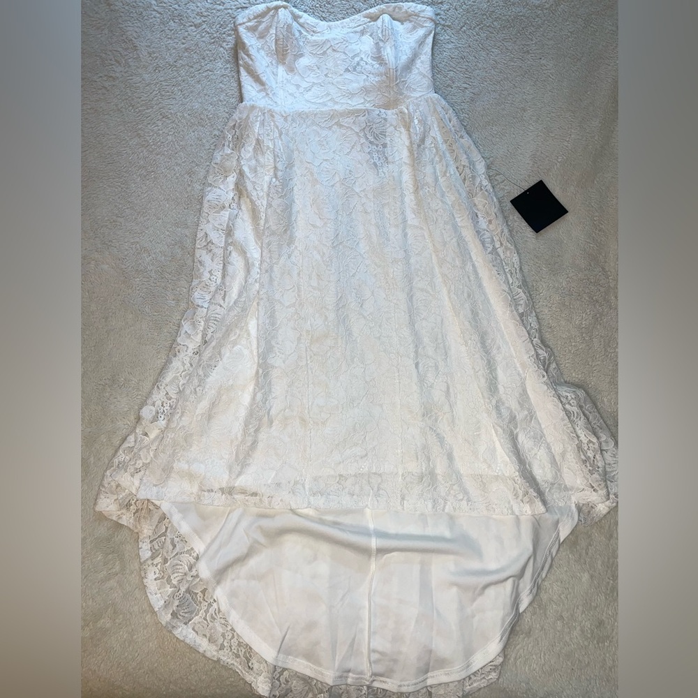 Lulus Curated Charm White Lace Strapless Bustier High-Low Dress - Picture 2 of 9
